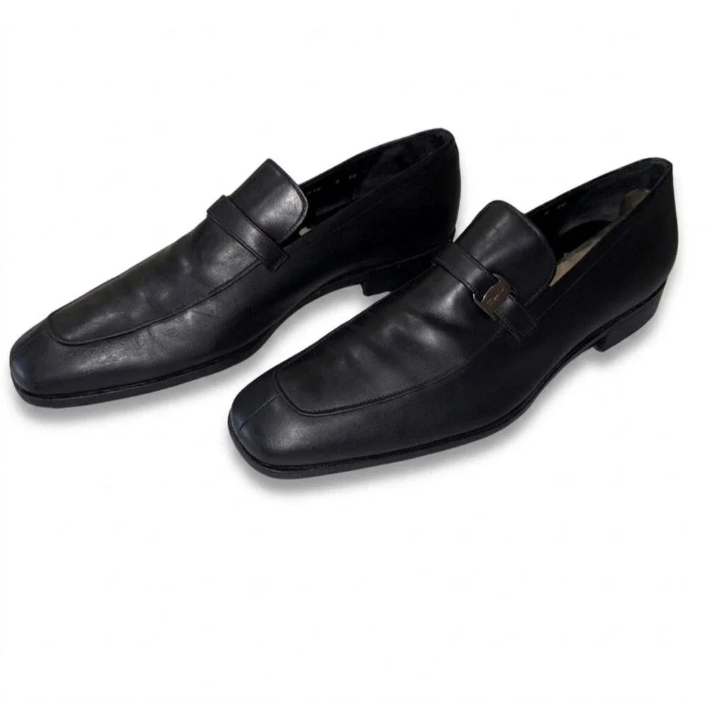 Salvatore Ferragamo Men 9 EE Black Leather Silver Bit Loafers Luxury Shoes Italy